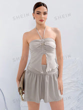 Women's Sold Color Color Ruched Ruffle Halter Top With Flared Hem K-Pop Sexy Skirt Sets 2 Pcs Woman Wear For Summer Holidays.